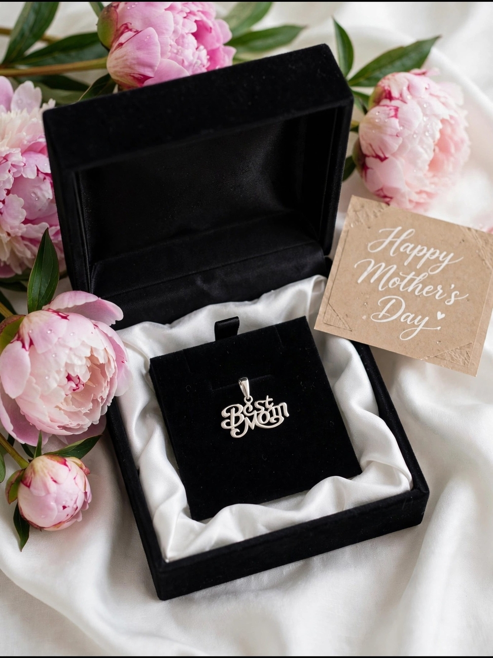 Sterling Silver "Best Mom" Script Pendant Necklace - Silver